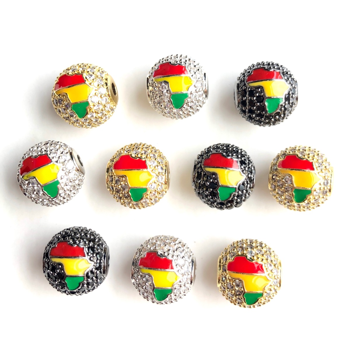 Jewelry Making History - 6個入り 12mm 赤・黄・緑のエナメル加工アフリカ地図柄丸型スペーサービーズ ブレスレット製作用 ブラックヒストリーマンス ジュエリーアクセサリー