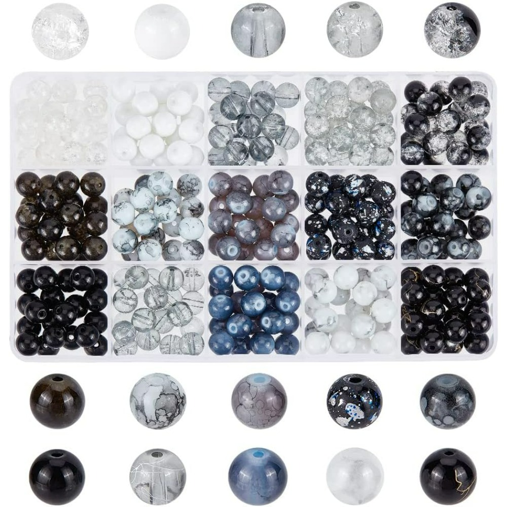 Jewelry Making Diy Kit - 300 個 8 ミリメートルブラックガラスビーズ 15 色ブレスレットビーズ大理石ルースビーズクラックルベーキング塗装ビーズスペーサー男性用キット