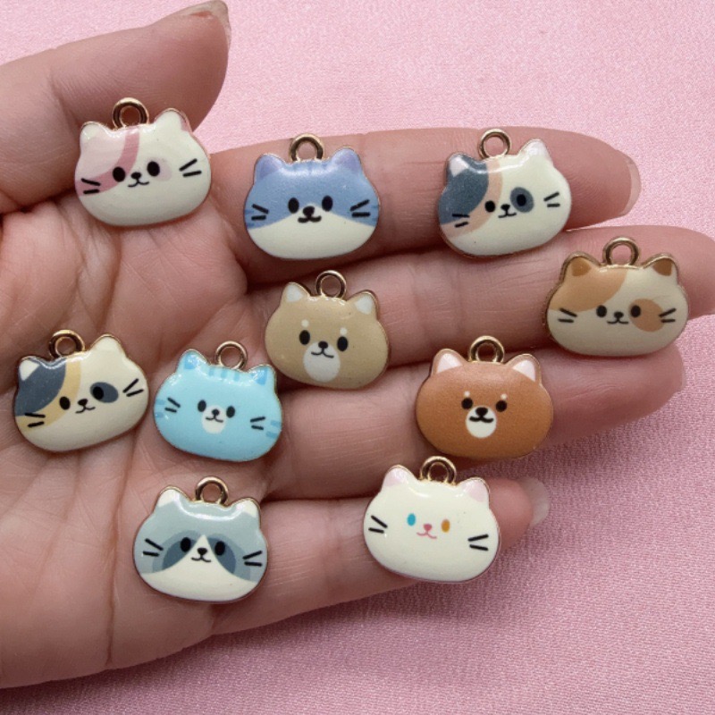 Jewelry Making Pendants - 12個入りプリント猫ヘッド合金ドリップオイルペンダント、DIYジュエリー製作イヤリング、キーホルダー、アクセサリー